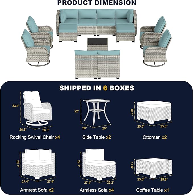 15-Piece Outdoor Patio Furniture Set with Rocking Swivel Chair, Wicker Rattan Sectional Sofa Conversation Set with Tempered Glass Table with Ottomans, Backyard Furniture, Light Blue