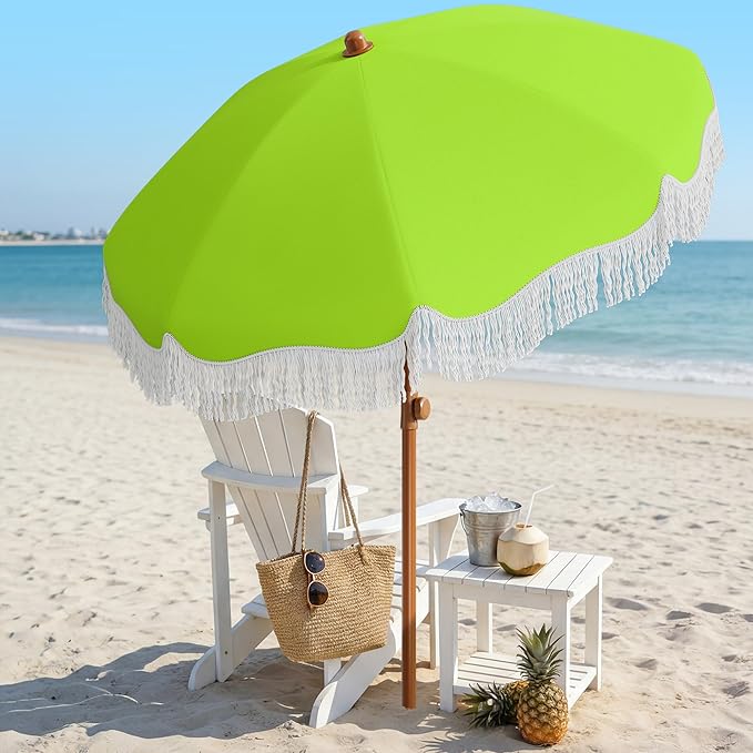 AreShark 7ft Patio Umbrella with Fringe, UPF50+ Beach Umbrella for Table, Pool & Garden, Portable Outdoor Tassels Umbrella w/Fiberglass Ribs&Push Bottom Tilt(Apple Green)