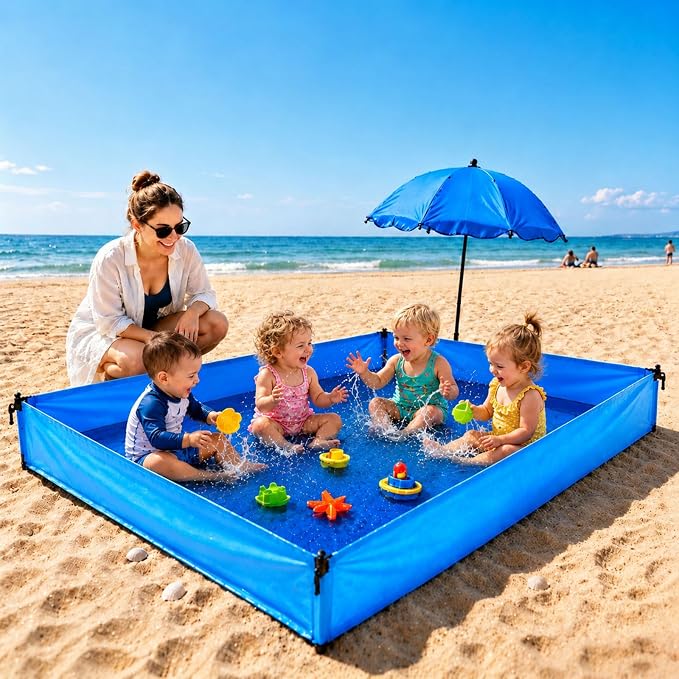 6x4.7 Ft Beach Puddle for Toddlers, Portable Beach Pool with Umbrella,No Dig Large Sand Free Sandbox Water Play Mat Beach Essentials with Carrying Bag for Boys Girls
