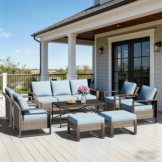 8 Pieces Metal Wicker Patio Furniture Set - 75" Sofa, Four Armchairs and Two Ottomans, One Coffee Table All Weather Rattan Outdoor Conversation Furniture with Washable Cushion for Deck, Baby Blue
