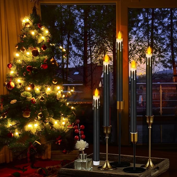 wemarry Flameless Taper Candles 10.6" Dripless Battery Operated Taper Candles Included Remote Timer 400+ Hours by 2AA Batteries for Halloween Christmas Wedding (Black+White, 24 Pack)