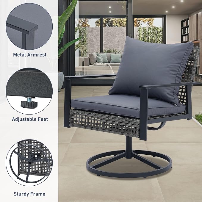 Ainfox 3 Pieces Patio Wicker Chairs Swivel Rocker, Outdoor Swivel Rocker Patio Chairs with Rattan Side Table, Patio Furniture Set for Patio Porch Pool, Grey