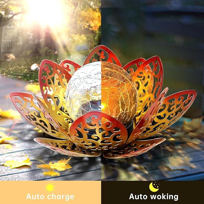 3 Pack Solar Lights Outdoor Garden 6.3 " Glass Lotus Lamp Waterproof LED Metal Flower Lights Outdoor Garden Table Decor for Outside Balcony, Patio, Deck, Porch, Walkway