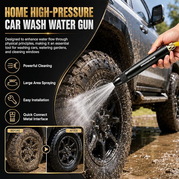 Home High-Pressure Car Wash Water Gun with Booster Nozzle,2026 New Multi-Function Water Jet Nozzle for Car,Black High Pressure Washer for Car Washing and Outdoor Cleaning(A)