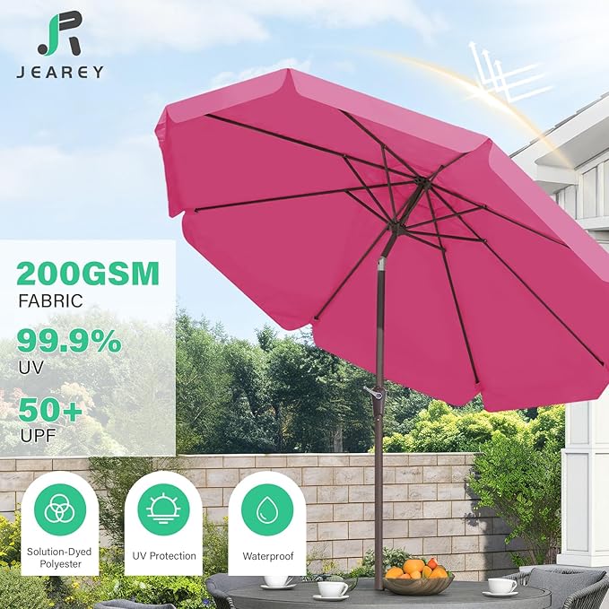 JEAREY 9 FT Patio Umbrella Outdoor, Table Umbrellas Market Umbrella w/Push Button Tilt/Crank, 8 Sturdy Ribs(Rose Pink)