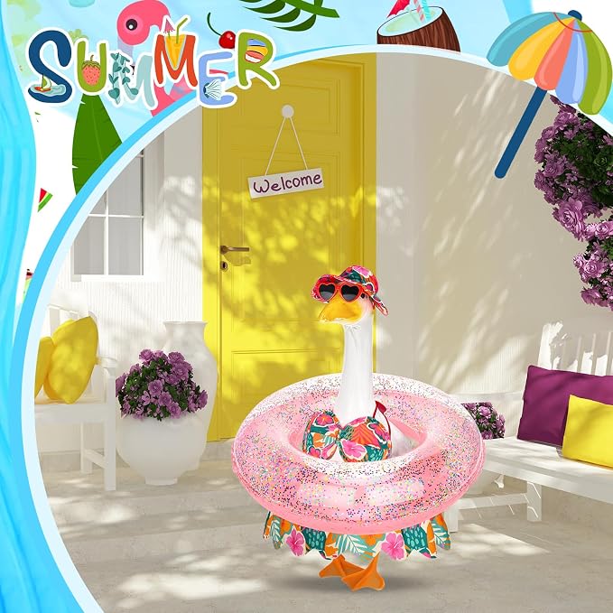 Hawaiian Porch Goose Outfits Summer Bikini Goose Clothes Costume Fits 23" Goose Statue with Hat Sunglasses & Swimming Ring