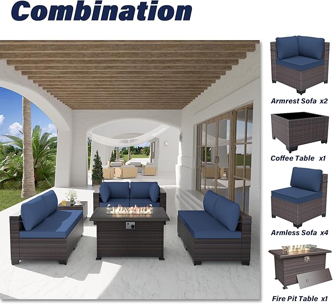 Patio Furniture Set with Fire Pit Table 8-Piece Outdoor Sectional Furniture Outdoor Rattan Patio Conversation Sets with 55,000 BTU Propane Gas Fire Pit Table and Glass Table, Navy Blue