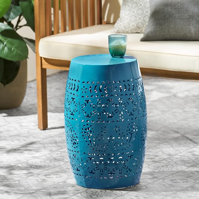 12" Outdoor Side Table, Metal Cutout Drum Side Table, Patio Garden Stool | Coffee End Tables for Small Spaces, Living Room, Backyard, Poolside