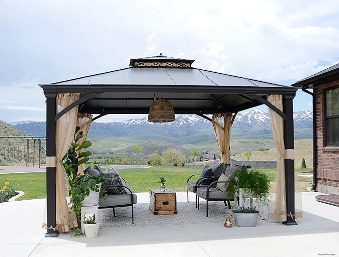 Sunjoy Hardtop Gazebo 11 x 13 ft. Outdoor Patio Black Anti-Rust Aluminum Frame, Double Tiered Gazebo with Ceiling Hook and Mesh Netting, Black