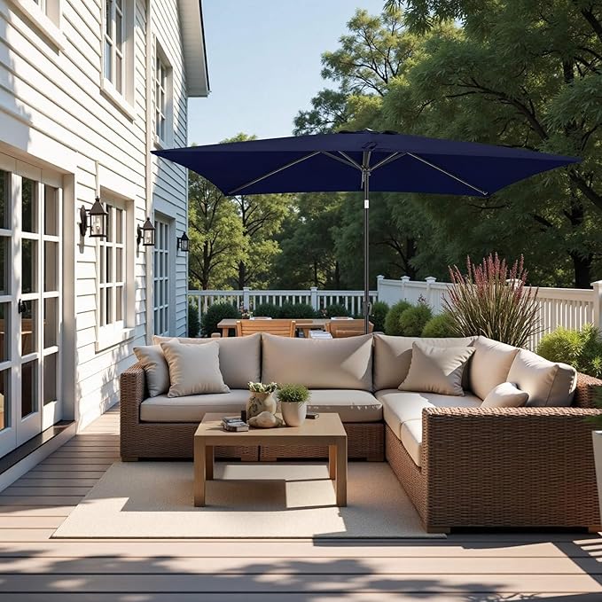 FLAME&SHADE 6.5 x 10 ft Rectangular Patio Umbrella with Push Button Tilt & Crank, Table Market Rectangle Rectangle Umbrella Outdoor for Yard, Pool, Garden, Porch(Navy Blue)