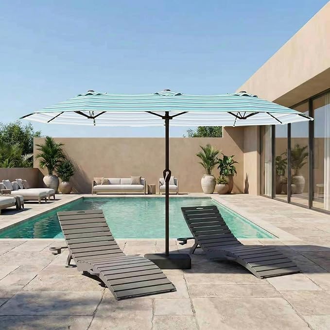 15FT Patio Umbrella with Solar Lights, Double-Sided Extra Large Outdoor Table Umbrella with Base Included, Heavy-Duty 12 Iron Ribs Market Umbrella for Garden, Pool, Backyard, Green Stripes