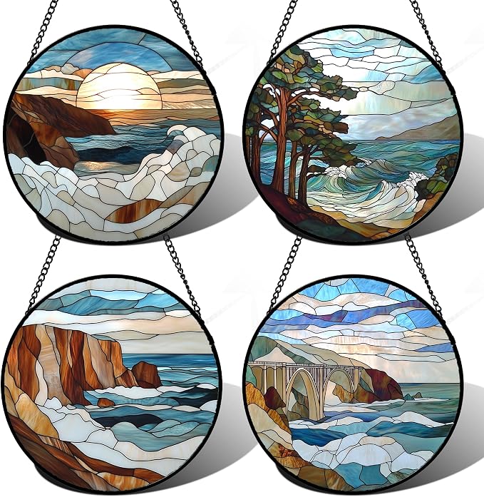 DASTOLL Stained Glass Window Hanging 4 Pcs Set Ocean Waves 9.8" - Blue and White Sea Suncatcher Door Garden Sun Catcher Decor Birthday Christmas for Mom Woman Nana Men