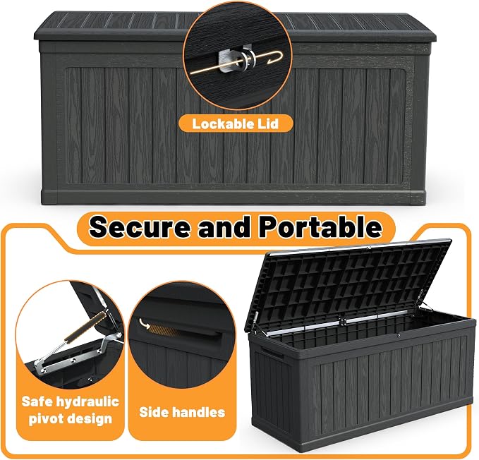 260 Gallon Black Deck Boxes Outdoor Waterproof Outside Storage Box,Resin Lockable Deck Box with Reinforced Support for Patio Cushions Furniure,Garden,Tools