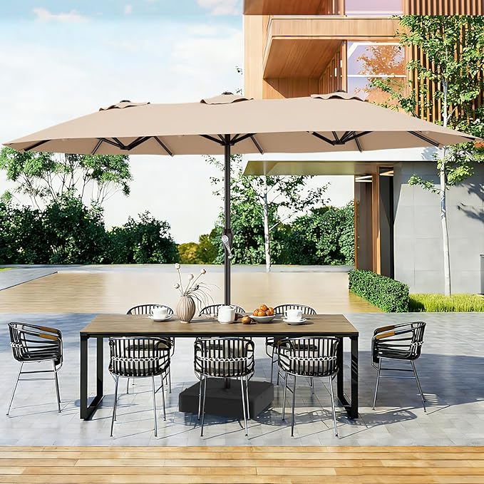AreShark 15FT Outdoor Patio Umbrella with Crank, Large Rectangular Market Umbrella, Double-Sided Outdoor Umbrellas with Cross Base & Sandbag for Porch, Lawn, Pool, Backyard, Beige