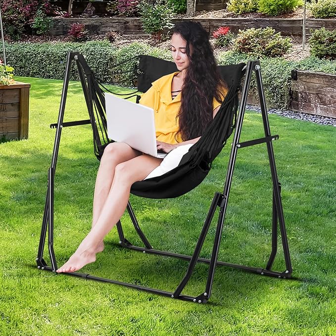 2 in 1 Hammock with Stand, Outdoor Hammock Swing Chair with Portable Heavy Duty Stand, Multi-Functional Hammock Stand 480 lbs Weight Capacit-Black