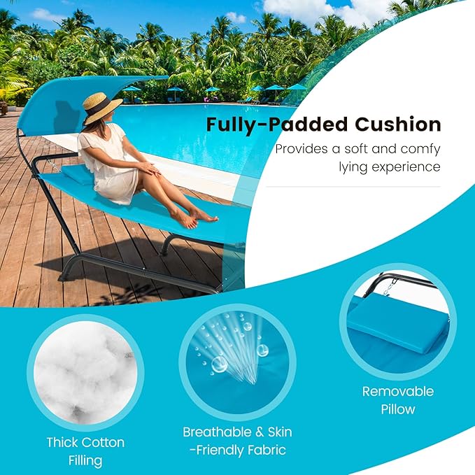 Nightcore Outdoor Canopy Hammock Swing Chair, Cushioned Patio Hanging Chaise Lounge w/Pillow & Storage Bag, Metal Swing Hammock Bed w/Stand for Garden, Lawn, Backyard (Blue)