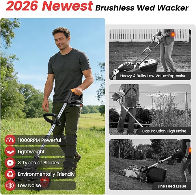 ALSO GO Cordless Weed Wacker 24V, Electric Grass Trimmer with 2 * 4A Batteries & Charger, 3 in 1 Stringless Weed Trimmer, Battery Powered Weed Eater/Brush Cutter/Lawn Mover for Garden and Yard