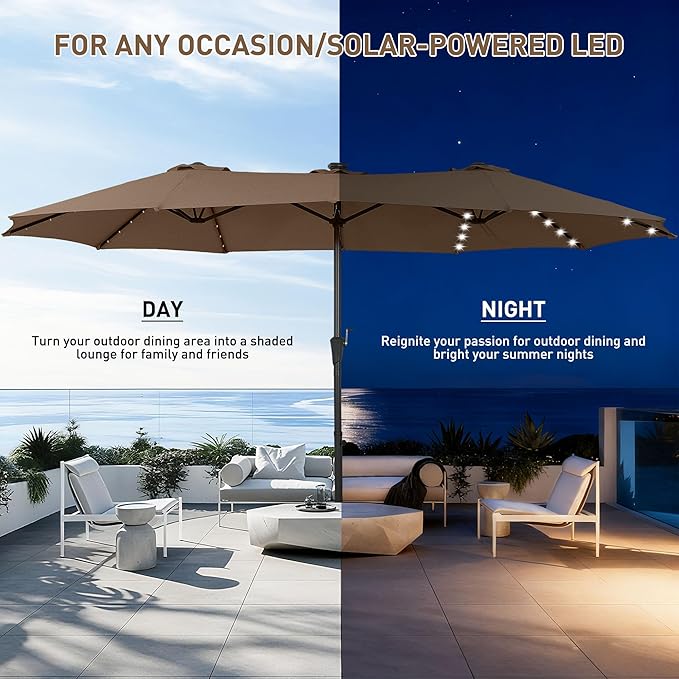 15 ft Patio Umbrella with 48 LED Lights, Large Rectangle Outdoor Solar Umbrella with Matching Base, Strap, Crank, Coffee