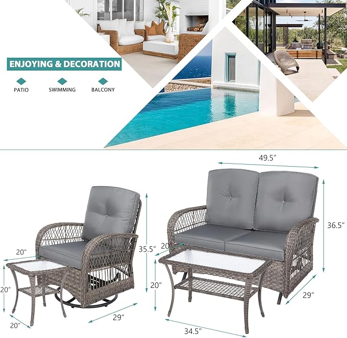 MEETWARM 5 Pieces Outdoor Patio Rattan Furniture Sets, All Weather Patio Wicker Conversation Set - 2 Rocking Swivel Chairs 1 Rattan Loveseat Glider w/Cushions, 2 Glass-Top Coffee Table, Gray