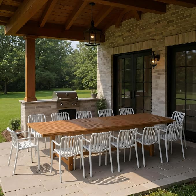 Urban Elements Frida Rectangular Extendable Patio Furniture Set | 100% Certified Teak Finish | Backyard Furniture, Outside Table and Chairs, Rectangular Outdoor Dining Set (White, 13-Piece)