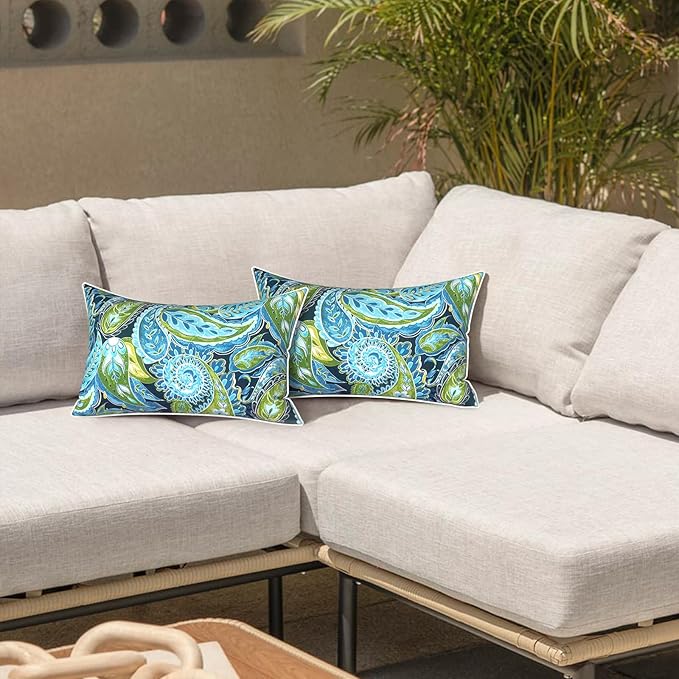 LVTXIII 2 Pack Outdoor Lumbar Pillows 12x20 Inch with White Piping, Fade Resistant Support Throw Pillows with Inserts for Patio Furniture, Sofa, Chair, Paisley Lapis Green
