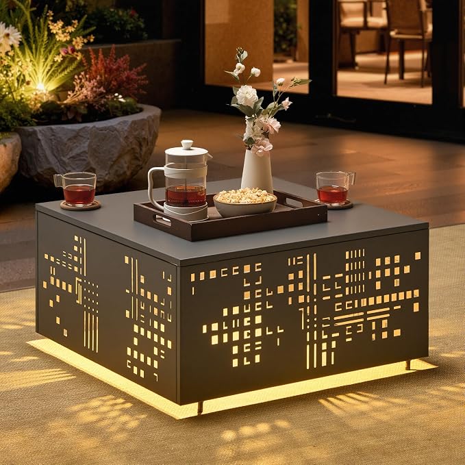 ovios 27" Outdoor Coffee Table with Solar Light, Patio Metal Table with Umbrella Hole and Cut-Out Design, Weatherproof Square Side Tables for Deck Porch Balcony Garden Backyard, Grey