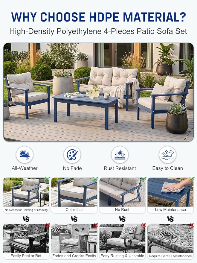 HDPE Patio Conversation Set 7 Seats, Outdoor Furniture Set, Patio Sofa Set | Water-Resistant Thick Cushion, HDPE All Weather, Wood-Grain, No Rot or Rust or Crack, UV Fade Shield, Easy-Clean for Outside