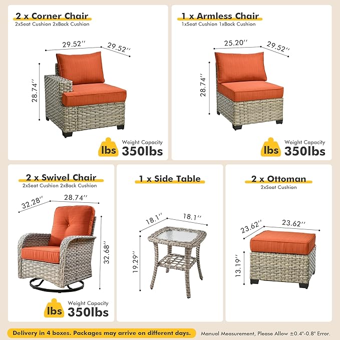 8 Pcs Outdoor Sectional Patio Furniture Set with Swivel Rocking Chair and Ottomans - All Weather Wicker Outside Sectional Couch,Patio Seating Outdoor Conversation Sets for Deck Yard Garden,Orange Red