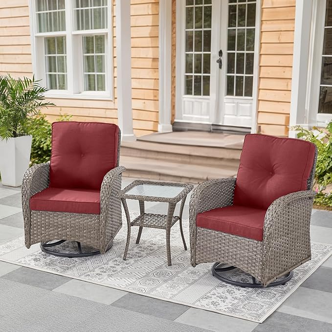 Belord Swivel Patio Chairs Wicker Set - Outdoor Swivel Rocker Chair with Side Table, 3 Piece Patio Glider Chairs Furniture Set with Water-Resistant Cushions for Deck Porch Sunroom