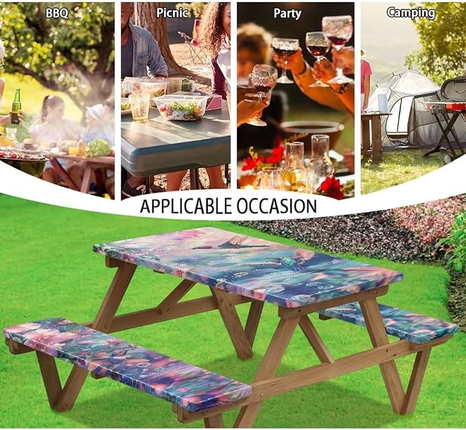 Hummingbird Picnic Table Cover with Bench Covers Waterproof Camping Table Covers for 6 Foot Tables 3 Pcs Picnic Table Bench Covers Camping Essentials for Camper, 94x30 Inches
