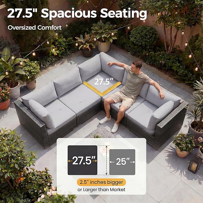 NICESOUL 18 Piece Patio Furniture Set with Fire Pit, Luxury Full Size Patio Sets with Fire and Matching Chaise Loungers, Extra Large 14-Seater Outdoor Seating Sectional Comfy Wide Deep High Back, Grey
