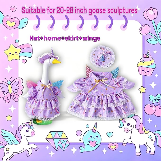 Purple Unicorn Porch Goose Outfits for 23 Inch Lawn Statue, Dress with Wings Hat Colorful Horn Set, Garden Party Birthday Outdoor Decoration, Costume for Plastic Cement Goose