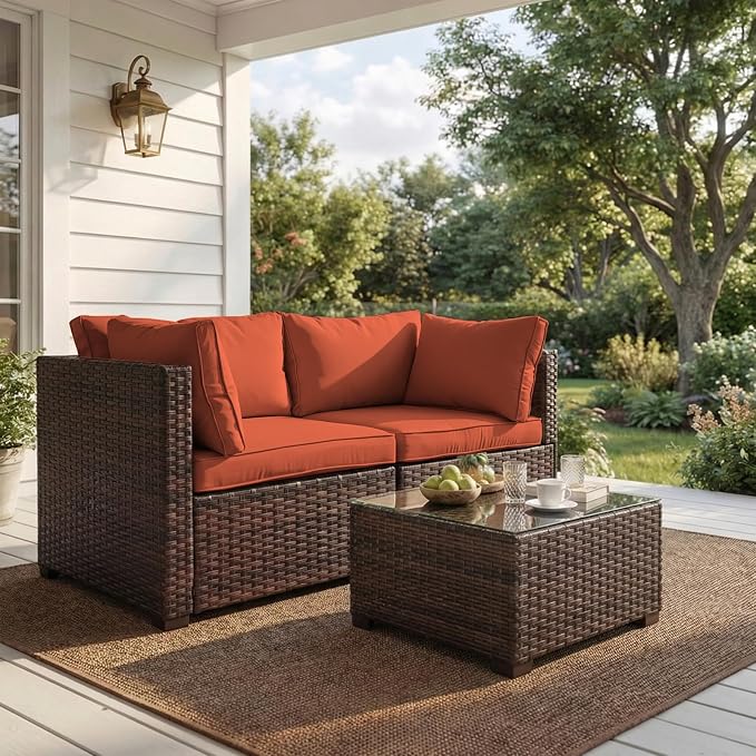 3 Pieces Patio Furniture Set with Glass Table, Outdoor PE Rattan Sectional Sofa with Soft Cushions for Backyard, Porch, and Poolside (Red, 3 PCS w/Table)