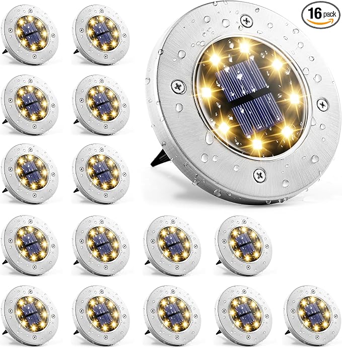 GIGALUMI Solar In-Ground Fence Lights - No-Drill Fence Lighting Solution, Waterproof Perimeter Lights Compatible with Wood, Metal & Concrete Fences (16 Pack Warm White)