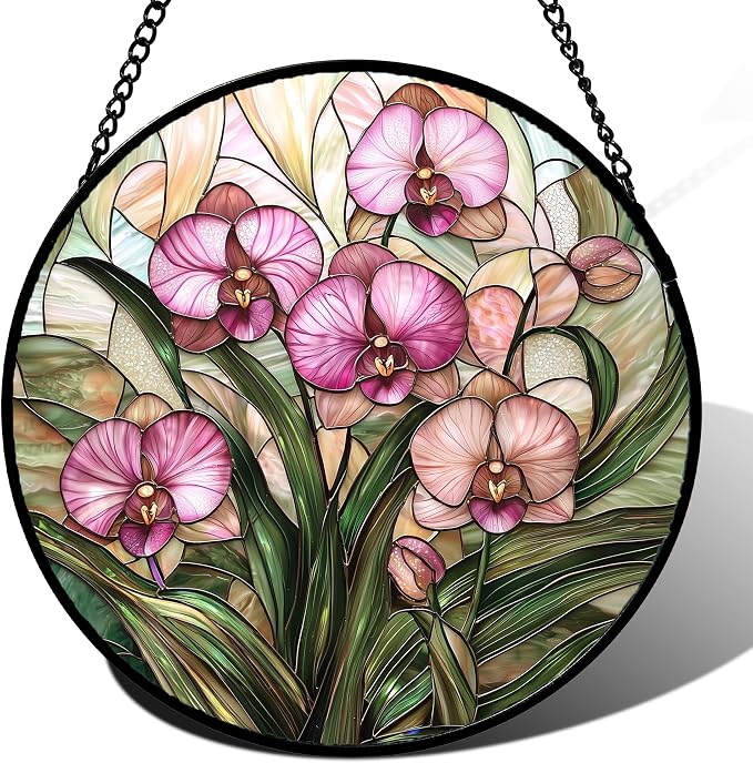 Stained Glass Window Hanging - Pink Phalaenopsis Orchid Green Leaves Sun Catcher for Door Home Decor Flower Suncatcher Christmas Mother's Day Birthday Gifts for Women Men Mom Nana 15 in