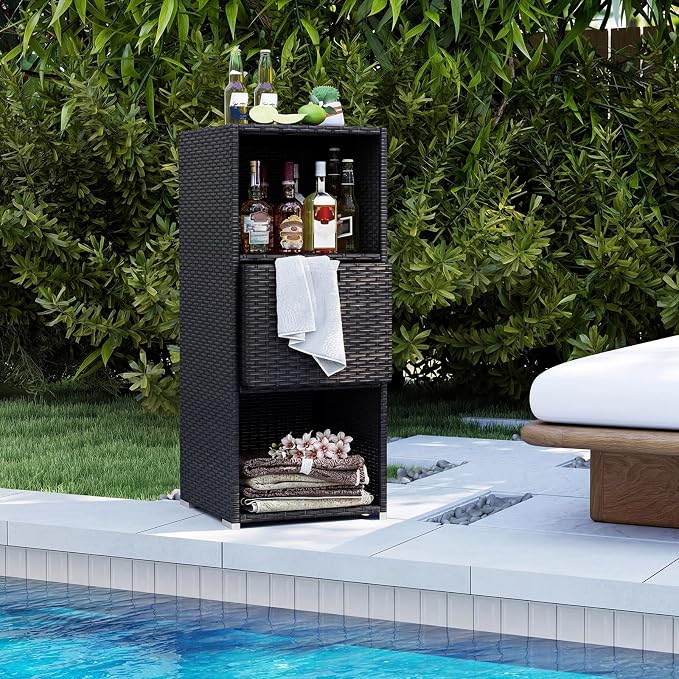 Tangkula Rattan Outdoor Storage Cabinet, Patiojoy Outdoor Wicker Cabinet with 3 Shelves, 1 Removable Drawer, Patio Storage Deck Box for Backyard Poolside Porch