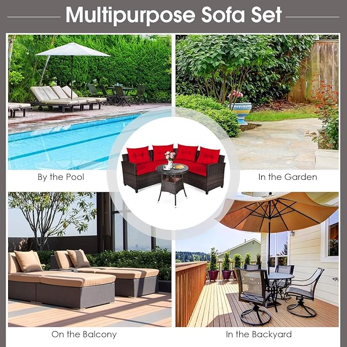 HAPPYGRILL 4 Pieces Rattan Patio Conversation Set, Outdoor Wicker Furniture Set with Cushioned Sofas and Coffee Table, L-Shape Sectional Curved Sofa Set for Garden Poolside Balcony