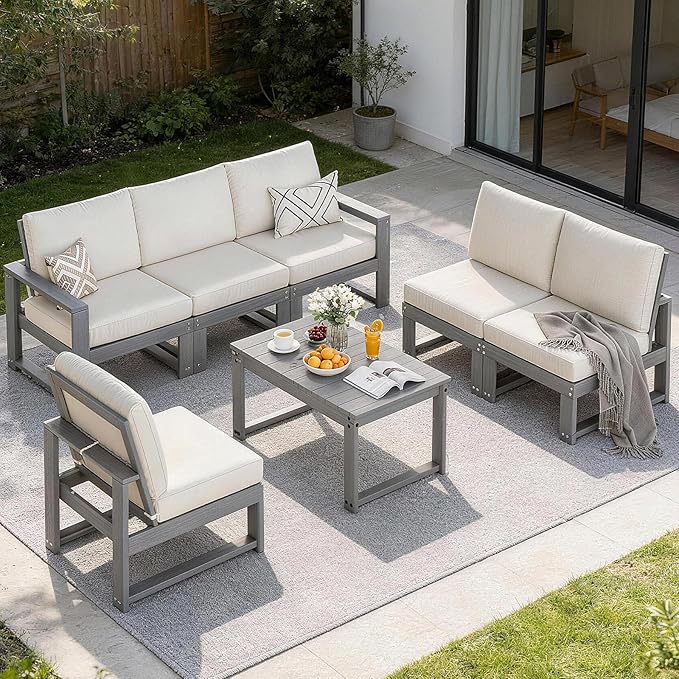 Patio Furniture Set, HDPE Sectional Outdoor Conversation Sets, 7-Piece Outdoor Couch Set with Deep Cushions, All-Weather Patio Sofa Set for Garden, Backyard, Porch, Grey