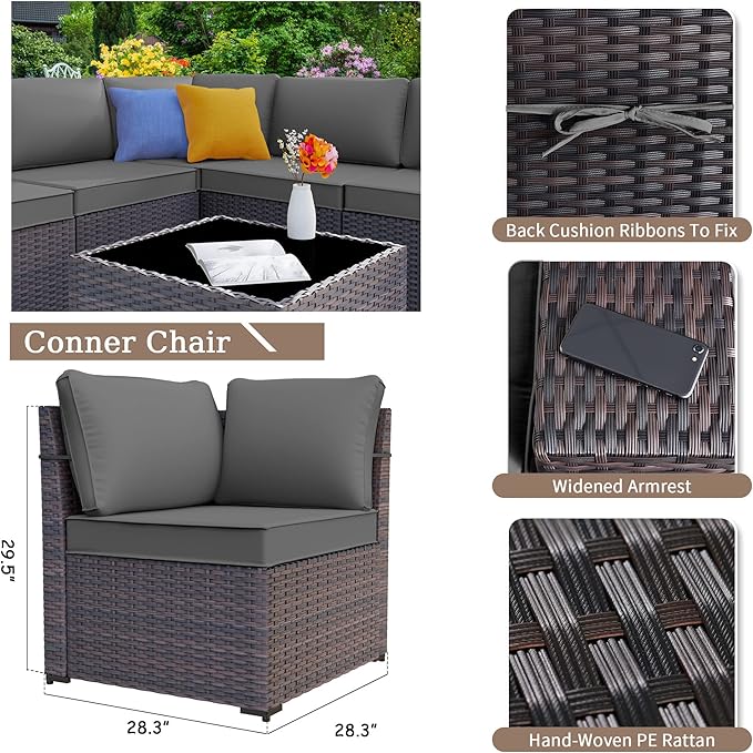 Patio Furniture Sectional Sofa Set 13PCS PE Rattan Patio Conversation Set w/43in Gas Fire Pit Table, Outdoor Furniture with 55000 BTU Propane Fire Pit, Grey