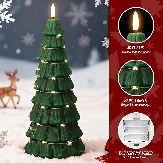 Christmas Tree Candles with Remote, Christmas Flameless Candles with Embedded Star String Fairy Lights, Battery Operated Candles, Flickering Xmas Flameless Candles for Table Decor