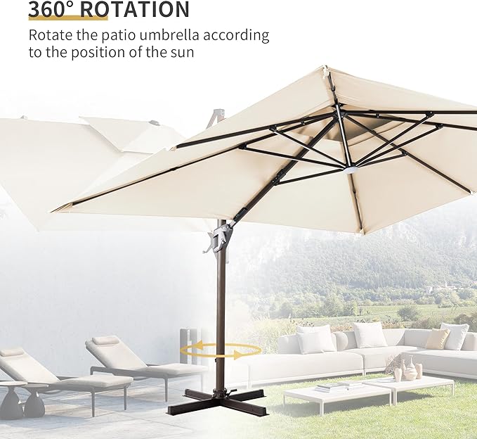 JZAC & QZYD 10X13 FT Outdoor Cantilever Patio Umbrella with LED Lights, Large Heavy Duty 2-Tier Aluminum Offset Umbrellas with 360-Degree Rotation for Pool Deck, Beige