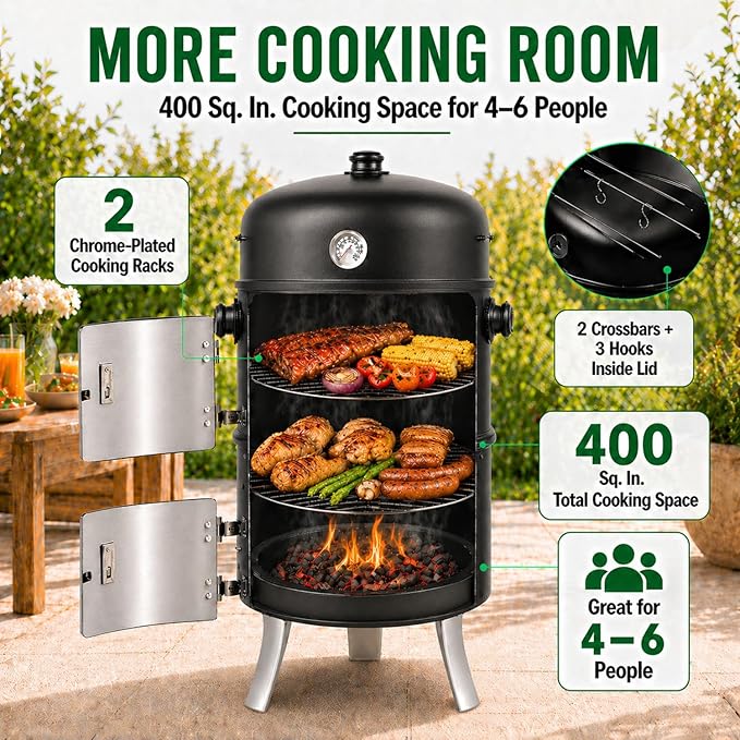 16.5 Inch Charcoal Smoker for Meat, Vertical Smoker Grill, Small Smoker for Backyard, Patio and Parties | 4-in-1 BBQ Smoker with Built-In Thermometer, Adjustable Air Vent, 2 Cooking Racks