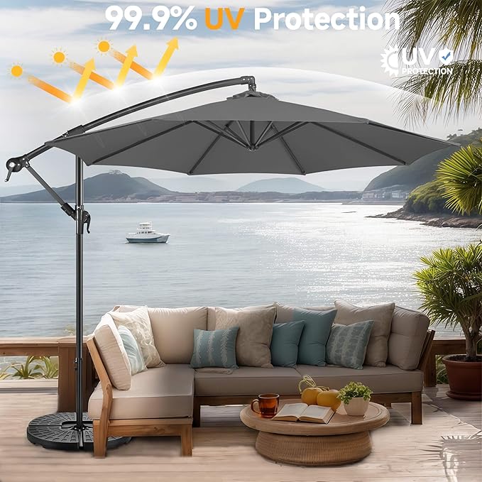 FLAME&SHADE 10ft Cantilever Patio Umbrella Outdoor, Large Offset Umbrella with Crank and Cross Base, UPF 50+ UV Protection Hanging Umbrella for Pool Deck Garden (Anthracite)
