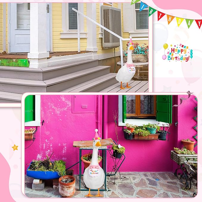 Abbylike Happy Birthday Goose Outfit Lawn Porch Goose Outfits with Party Hat Bandana for 23" 17" Cement Plastic Duck Decor(Pink)