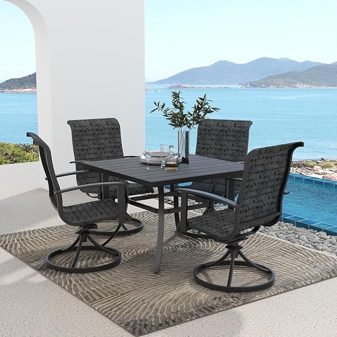Grand patio Outdoor Dining Set of 5, Outdoor Table and Chairs Set, 4 Padded Mesh Sling Swivel Rocker Patio Chair & 36'' x36'' Square Dining Table(1.5'' Umbrella Hole), Black & Grey Plaid