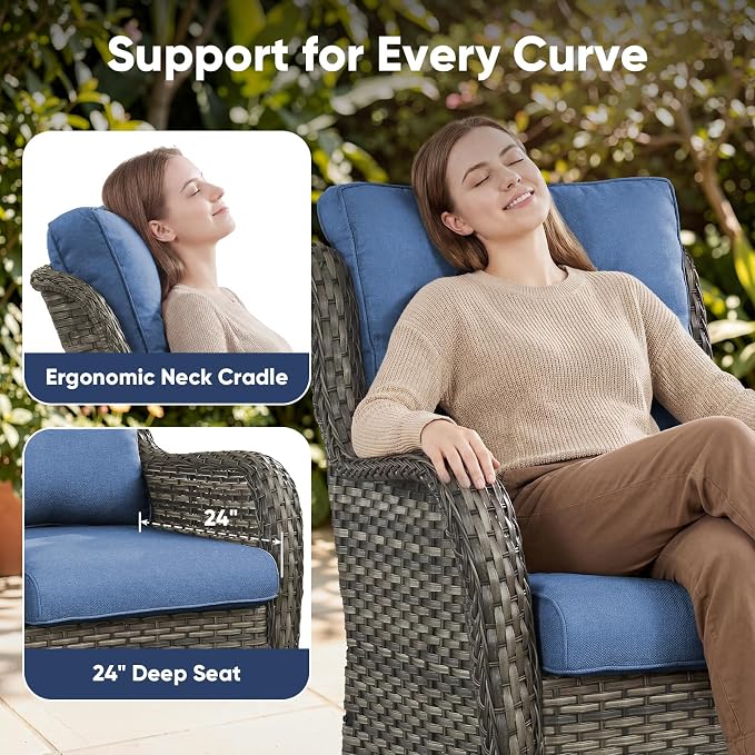Belord Patio Furniture Set with Fire Pit Table, Outdoor Swivel Rocker Patio Chairs, Oversized Outdoor Sectional Couch, Two 3-Seater Sofas with Coffee Table, Ideal for Porch, Deck, Gray Wicker/Blue