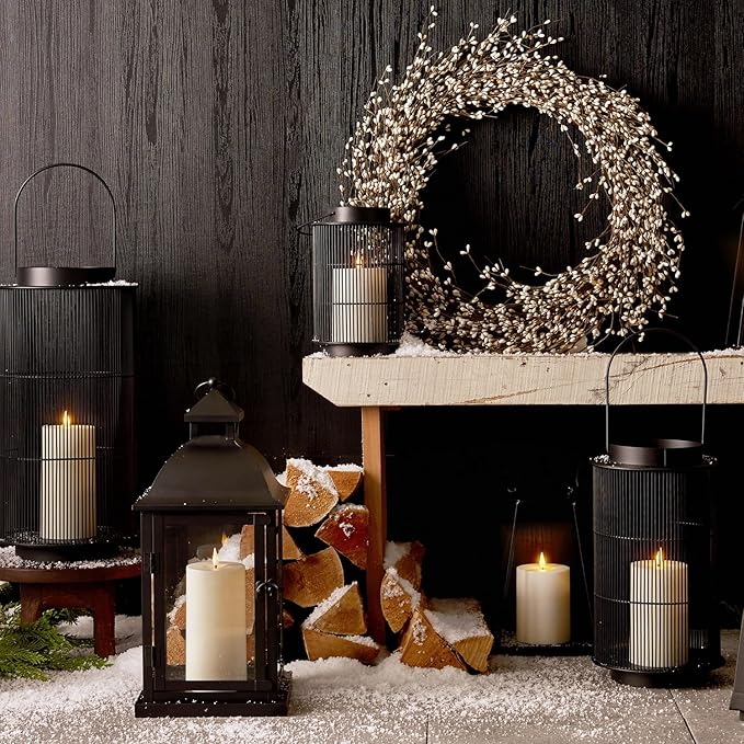 LampLust Outdoor Lanterns Decorative Spring Patio Decor, Set of 2, 8 Inch Black Metal Candle Lanterns, Battery Operated LED with Timer, Front Porch, Spring Outdoor Decorations, Modern Farmhouse Decor