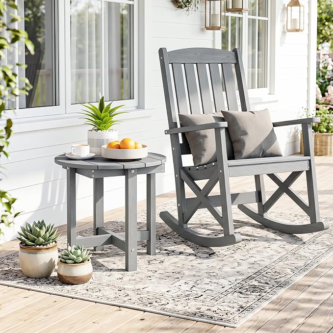 Tangkula Round Outdoor Side Table, Adirondack Side Table with Weather-Resistant, Waterproof Top, Small Outside End Table for Patio Deck Pool Porch, Easy Maintenance (Grey,1)