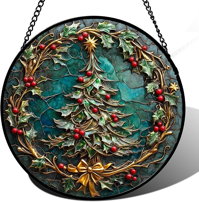 DASTOLL Stained Glass Window Hangings - Red Gold Green Wreath Suncatcher for Door Home Christmas Tree Decoration Sun Catcher Thanksgiving New Year Birthday Gift for Women Men Mom Grandma 6.3 in
