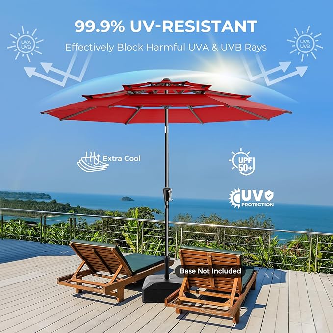HOMSHADE 9FT 3-Tiers Outdoor Patio Umbrella with 5-Year Fade Resistant,Vented Outdoor Commercial Market Umbrella with UPF50+ UV Protection & Push Button Tilt and Crank for Pool,Backyard(Red)